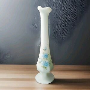 Vintage Fenton Satin Blue Hand Painted Roses Swung Bud Vase Artist K Davis 1970s
